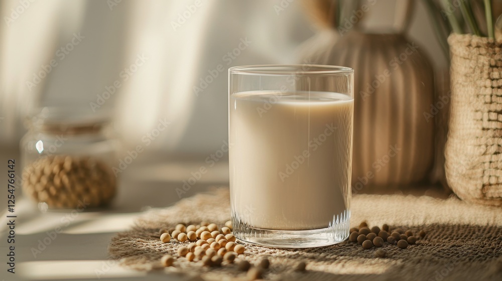 A glass of creamy plant-based milk sits on a textured surface, surrounded by soybeans, with soft natural light highlighting the scene. A glass of creamy plant-based milk sits on a textured surface, surrounded by soybeans, with soft natural light highlighting the scene.