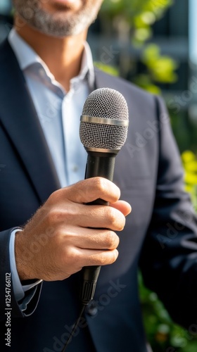 Close-up of businessman holding microphone during outdoor interview with blurred green background