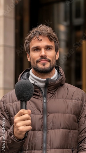 Confident male reporter holding microphone outdoors wearing brown jacket in urban setting with modern glass buildings