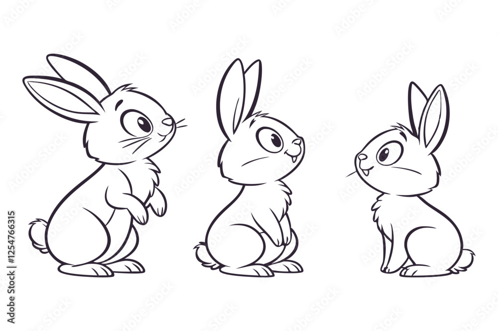 Minimal Bunny Line Art Doodle in Different Poses, Minimal Bunny Line Art Doodle in Different Poses,