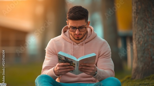 Young man with glasses reading a book outdoors in a park, wearing a casual hoodie, peaceful atmosphere with natural light