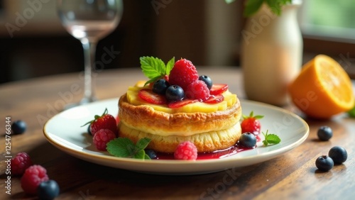 Delectable baked dessert with fresh berries and citrus glaze, served on elegant plate