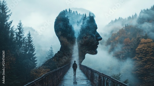 Double exposure of a man's silhouette and scenic landscape with forest pathway