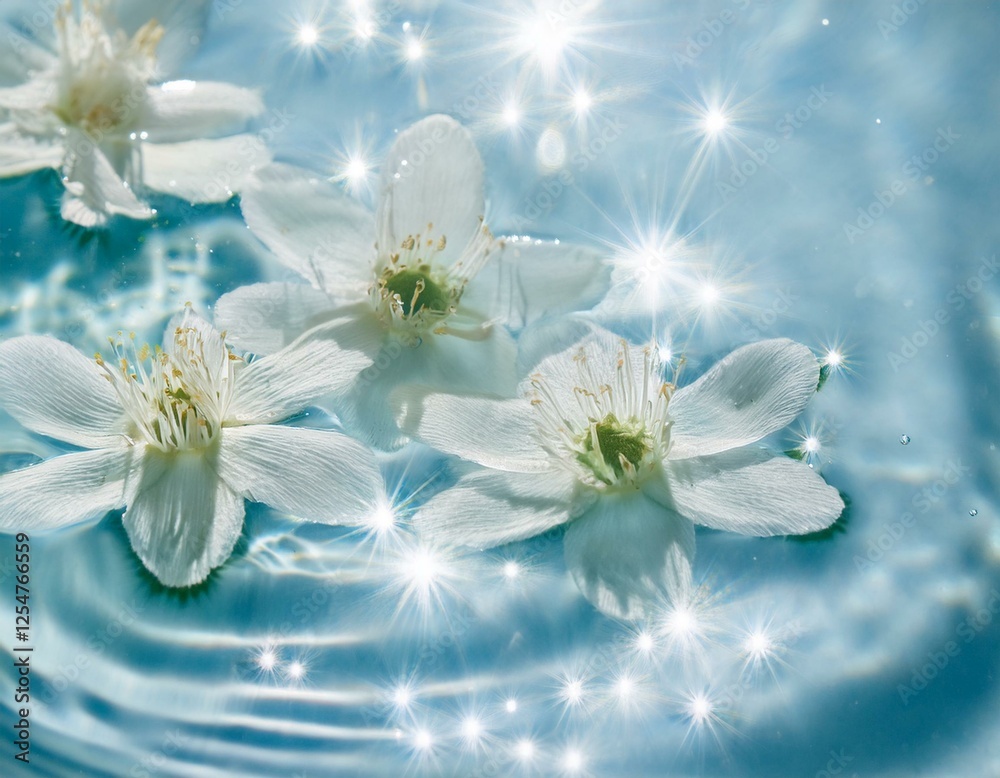 Obraz premium 清涼感のある背景、壁紙（抽象的な花と水面、水中の画像）