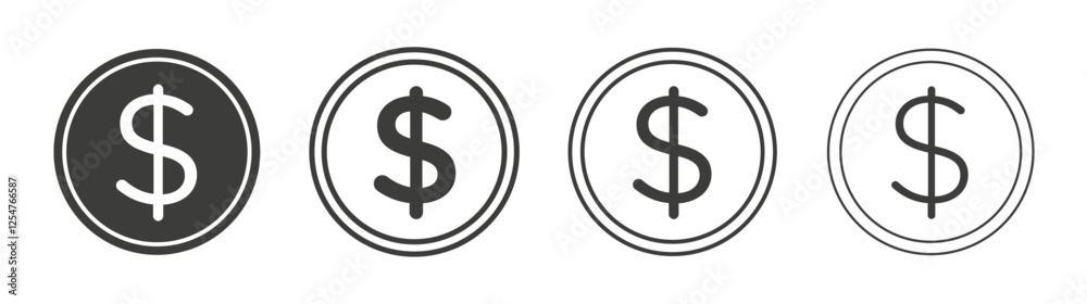 Dollar icons set. Liner outlined and flat black color Dollar icons set. Liner outlined and flat black color