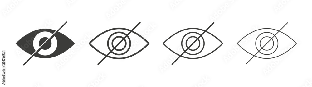 Eye crossed icons set. Liner outlined and flat black color Eye crossed icons set. Liner outlined and flat black color