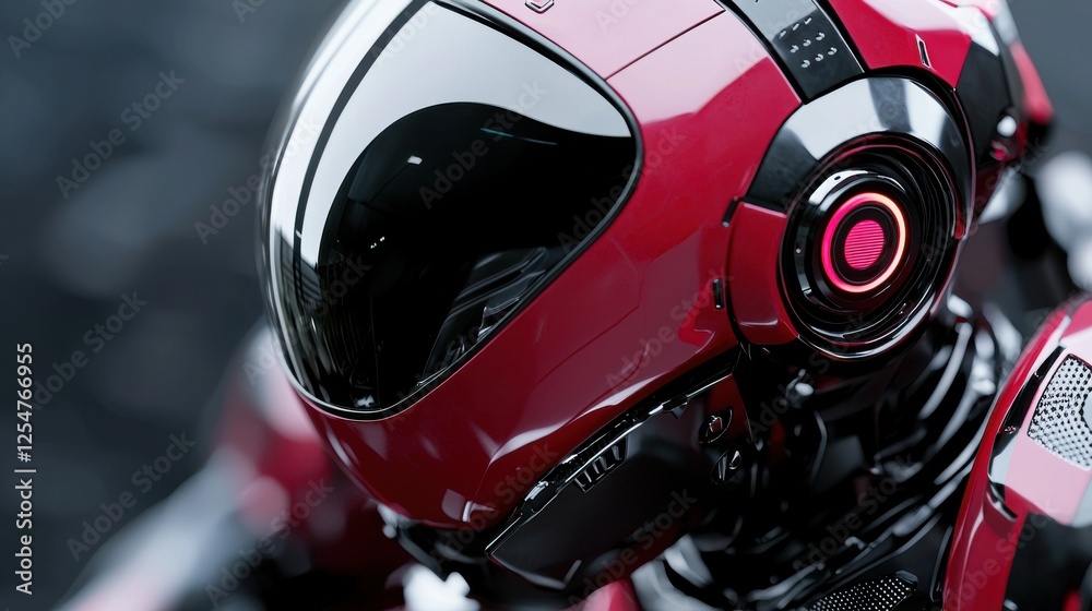 A futuristic red robot head with a sleek design and glossy finish, showcasing advanced technology and intricate detailing. A futuristic red robot head with a sleek design and glossy finish, showcasing advanced technology and intricate detailing.