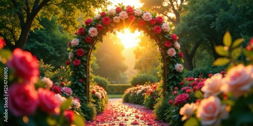Romantic Rose Archway at Golden Hour in a Lush Garden