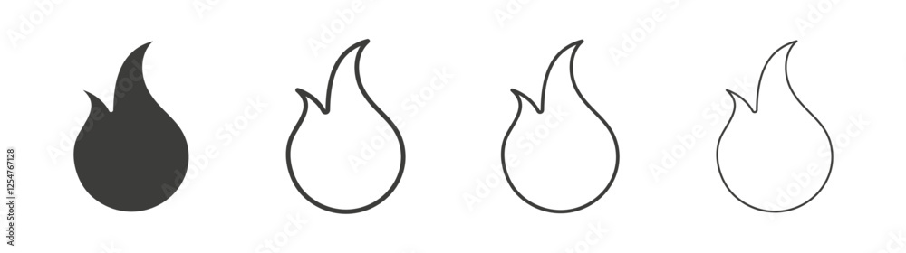 Flame icons set. Liner outlined and flat black color Flame icons set. Liner outlined and flat black color