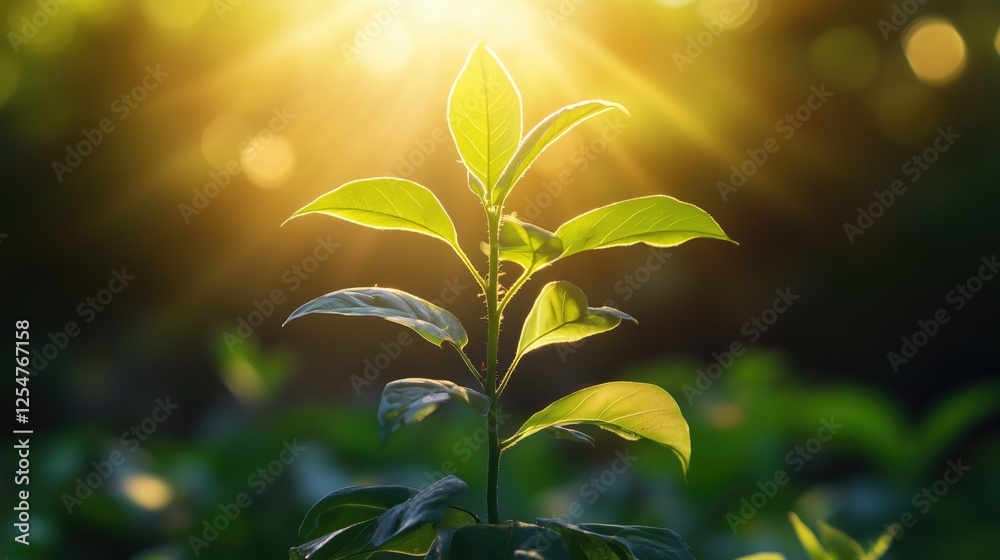 Obraz premium Sunlit green plant in vibrant natural landscape