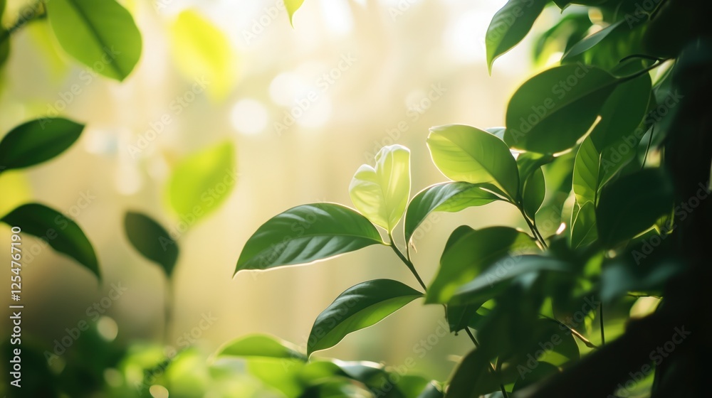 Sunlit green leaves in tranquil forest setting Sunlit green leaves in tranquil forest setting