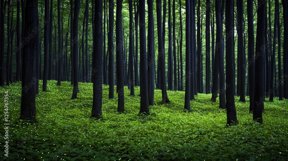 Glow forest idea. A serene forest scene with tall trees and lush green undergrowth. Glow forest idea. A serene forest scene with tall trees and lush green undergrowth.