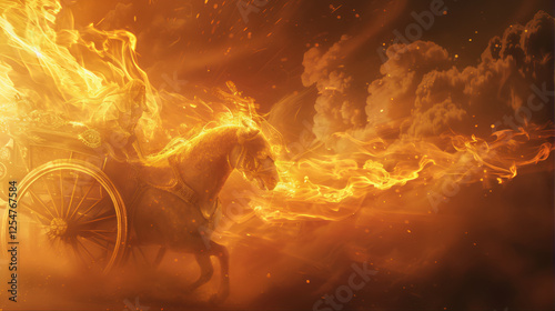Symbolical representation of biblical Elijah carried in a fiery chariot of fire into the heavens 
