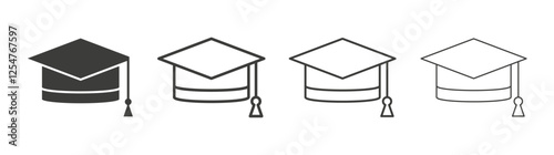 Graduation cap icons set. Liner outlined and flat black color