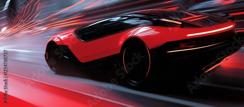 Red futuristic modern electric sports car speeding on blur moving background. Generative AI