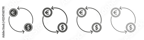 Money exchange icons set. Liner outlined and flat black color