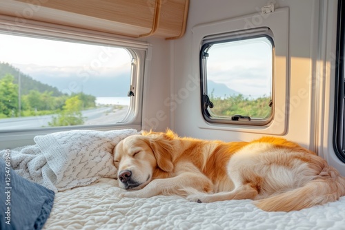 Golden retriever sleeping in cozy camper van with scenic lake view