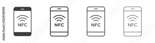 NFC communication icons set. Liner outlined and flat black color