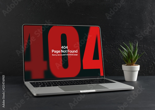 Laptop Showing 404 Error Page Not Found on Black Background photo