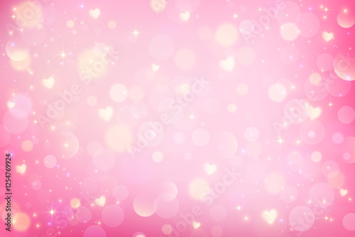 Pink background with bokeh and hearts. Cute pastel gradient girly blurred Valentine Day card design. Lovely dreamy vector wallpaper with soft fairy light. Lilac glittering backdrop