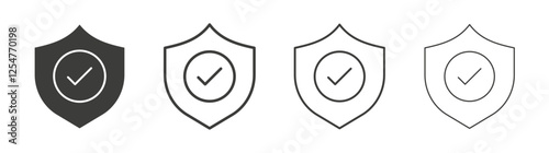 Shield check icons set. Liner outlined and flat black color