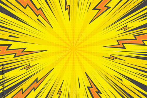 Comic cartoon background with lightning burst effect. Vector manga graphic with thunder power and abstract light effect. Energy explosion frame. Radial perspective motion lines.