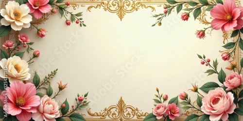Elegant Floral Frame with Delicate Blooms and Ornate Gold Accents Ideal for Wedding Invitations, Announcements, or Romantic Designs