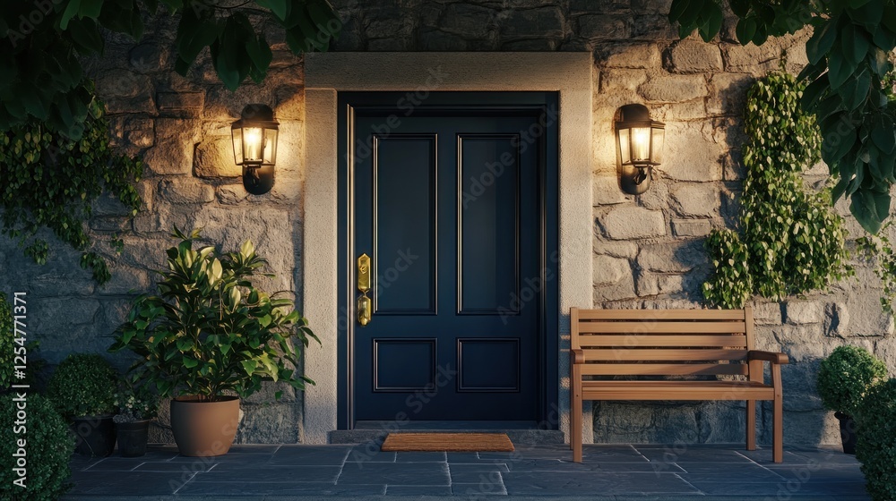 Fototapeta premium Evening Ambiance: Serene Entrance with Dark Door and Lit Lanterns