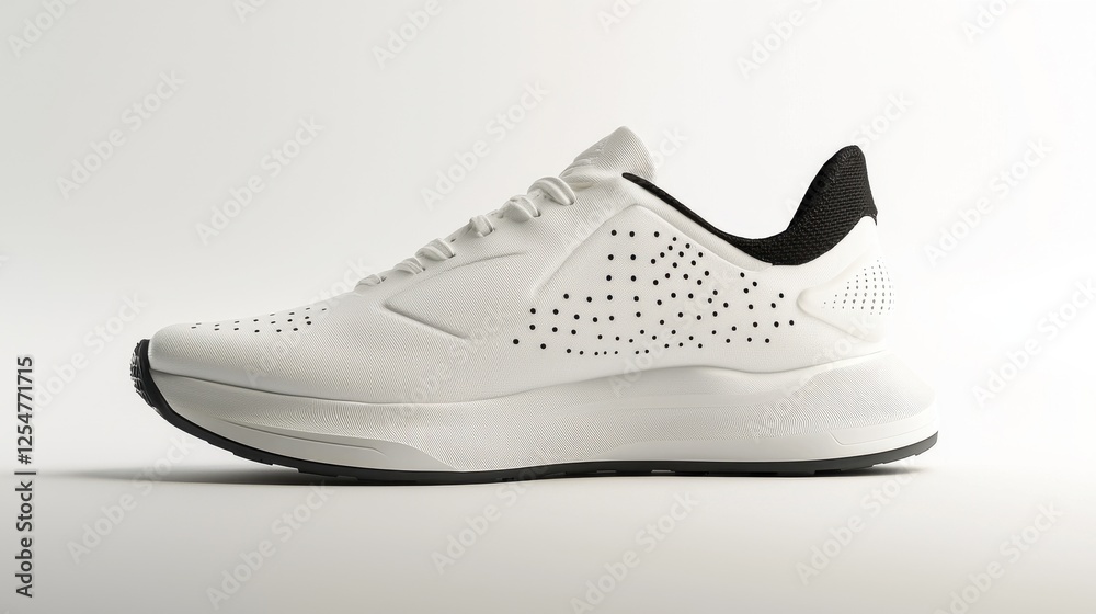A sleek white athletic shoe with a perforated design, featuring a black back heel, ideal for sports and casual wear. A sleek white athletic shoe with a perforated design, featuring a black back heel, ideal for sports and casual wear.