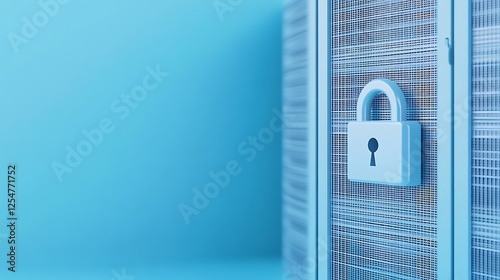 Secure Data Storage Concept with Padlock and Server Rack on Blue Background for Cybersecurity and Privacy Themes photo