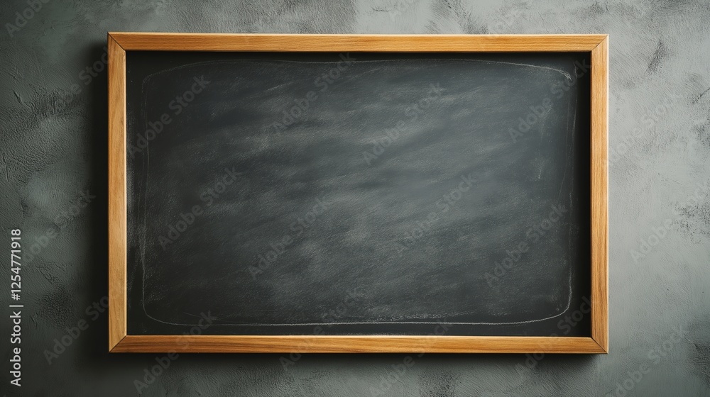 Blank blackboard mockup with a wooden frame on a grey wall background Blank blackboard mockup with a wooden frame on a grey wall background