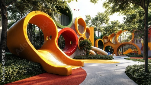 Colorful playground with unique circular slides in a sunny, green environment. photo
