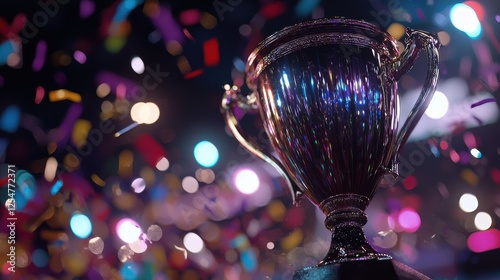 A shiny trophy shines brightly amidst colorful confetti, symbolizing victory and celebration in a festive atmosphere. photo