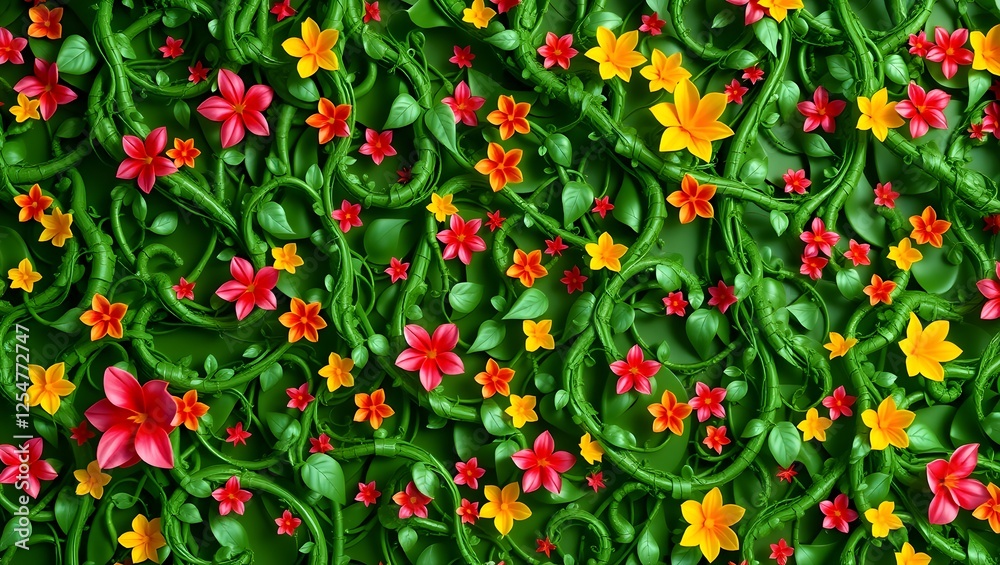 Naklejka premium Intricate Green Vines – 3D twisting vines with bright floral accents forming a dynamic abstract wallpaper