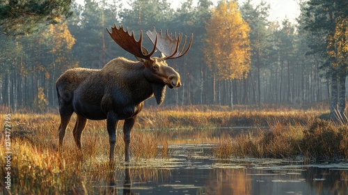Majestic moose standing by a tranquil forest lake surrounded by autumn foliage at dawn