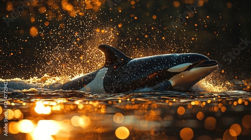 Majestic orca breaching the shimmering water at sunset, surrounded by golden reflections