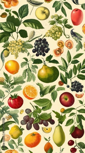 Vintage maximalist wallpaper with fruits illustration botanical pattern.