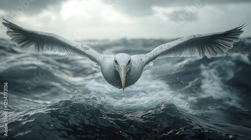 A majestic seagull soaring above turbulent ocean waves under a cloudy sky at dusk