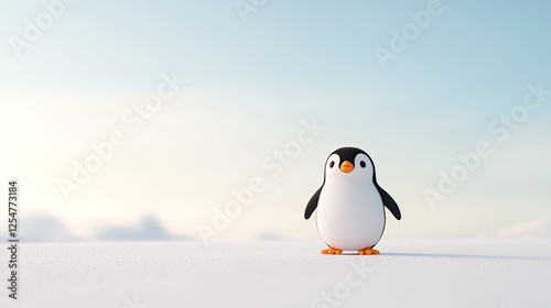 Cute cartoon penguin standing on a snowy landscape with a soft blue sky in the background