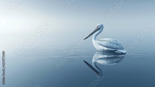 Serene white pelican gliding on calm waters at dawn, surrounded by a misty landscape