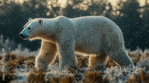 Polar bear walking through a frosty landscape with soft sunlight filtering through trees