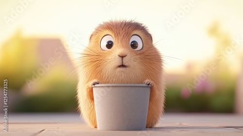 Cute animated animal with large eyes surprised while holding a small pot in a sunny garden