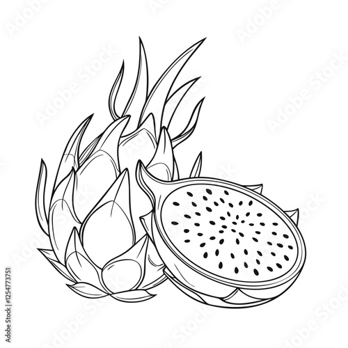 Vector Outline of a Dragon Fruit Showing Both Whole and Sliced Sections on a White Background