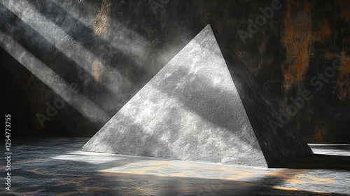 A striking pyramid sculpture illuminated by dramatic light rays in an artistic studio setting