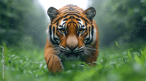 Majestic tiger prowling through lush green forest, rain-soaked environment, showcasing wildlife beauty