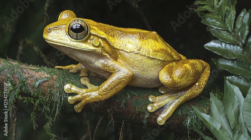 Vibrant yellow frog perched on a mossy branch in a lush, tropical rainforest environment