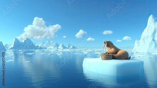 A serene walrus resting on an ice floe, surrounded by a tranquil Arctic landscape under a clear blue sky