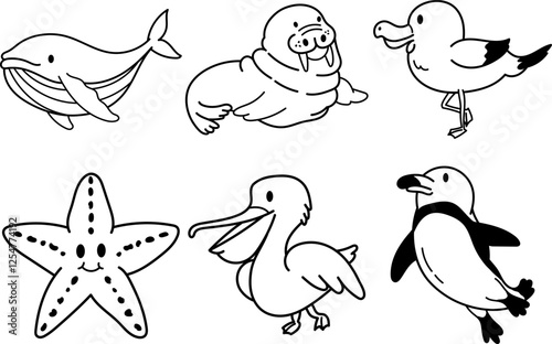 Illustration of sea animals cute doodle collection.