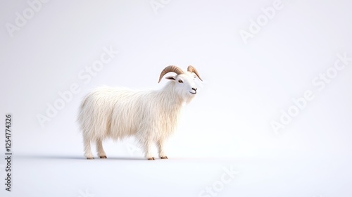 A fluffy white goat standing on a clean surface, showcasing its playful demeanor in a minimalist setting