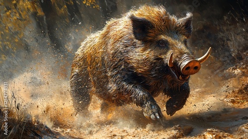 Wild boar charging through a forest in autumn, kicking up leaves and dirt, showcasing nature's power
